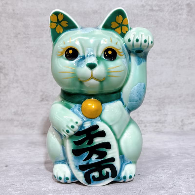 【翠釉招福】日本清水燒招財貓 | 花結晶 綠 千萬両 左