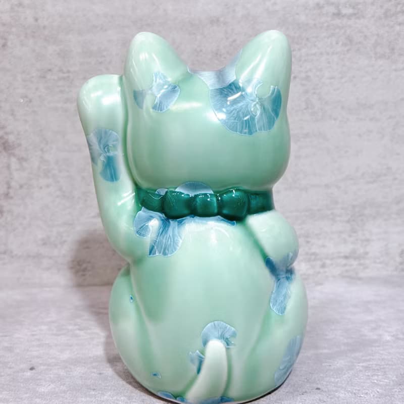【翠釉招福】日本清水燒招財貓 | 花結晶 綠 千萬両 左