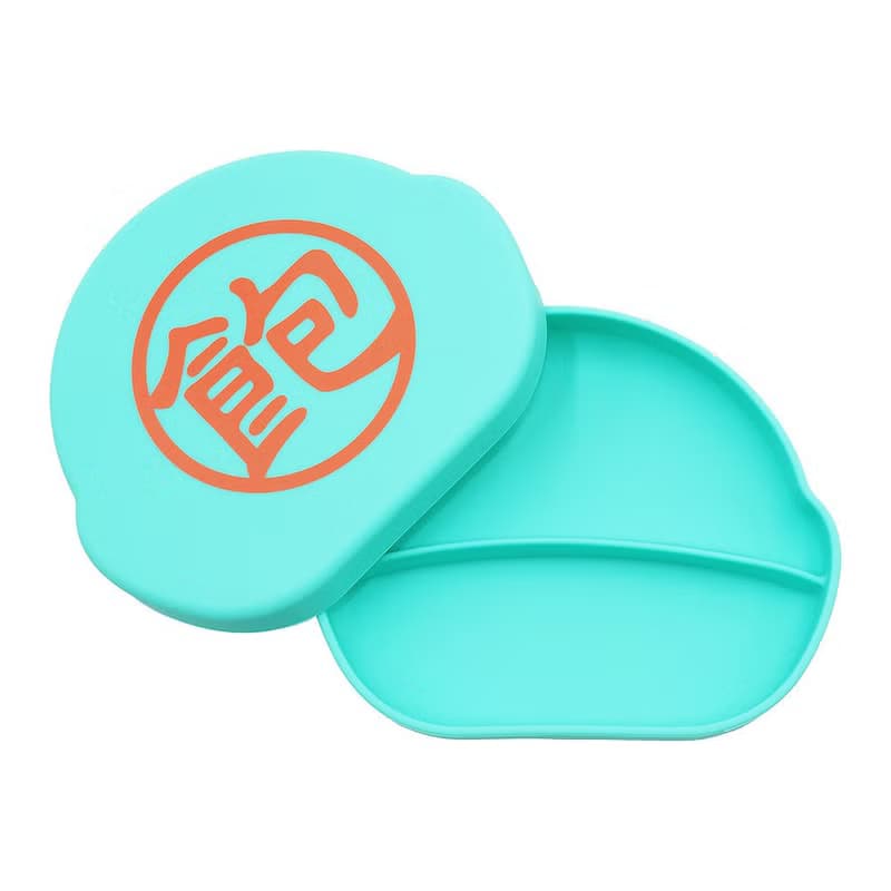 分格不翻盤(藍綠)+吸盤碗(黃)+矽膠盒(藍綠-飽)+學習餐具組(橘)