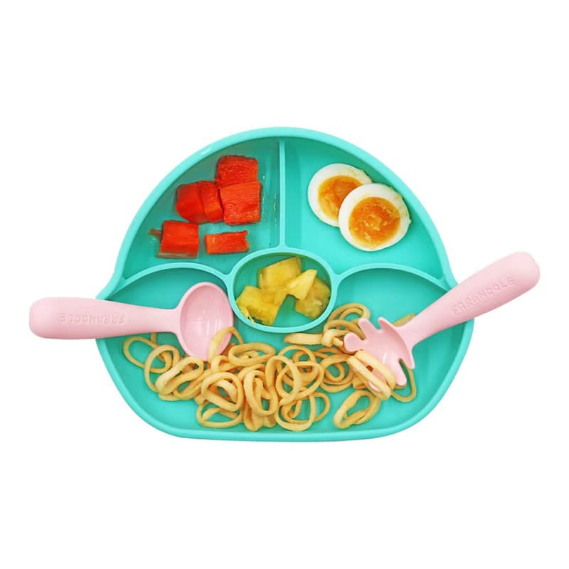 分格不翻盤(藍綠)+吸盤碗(黃)+矽膠盒(藍綠-飽)+學習餐具組(橘)