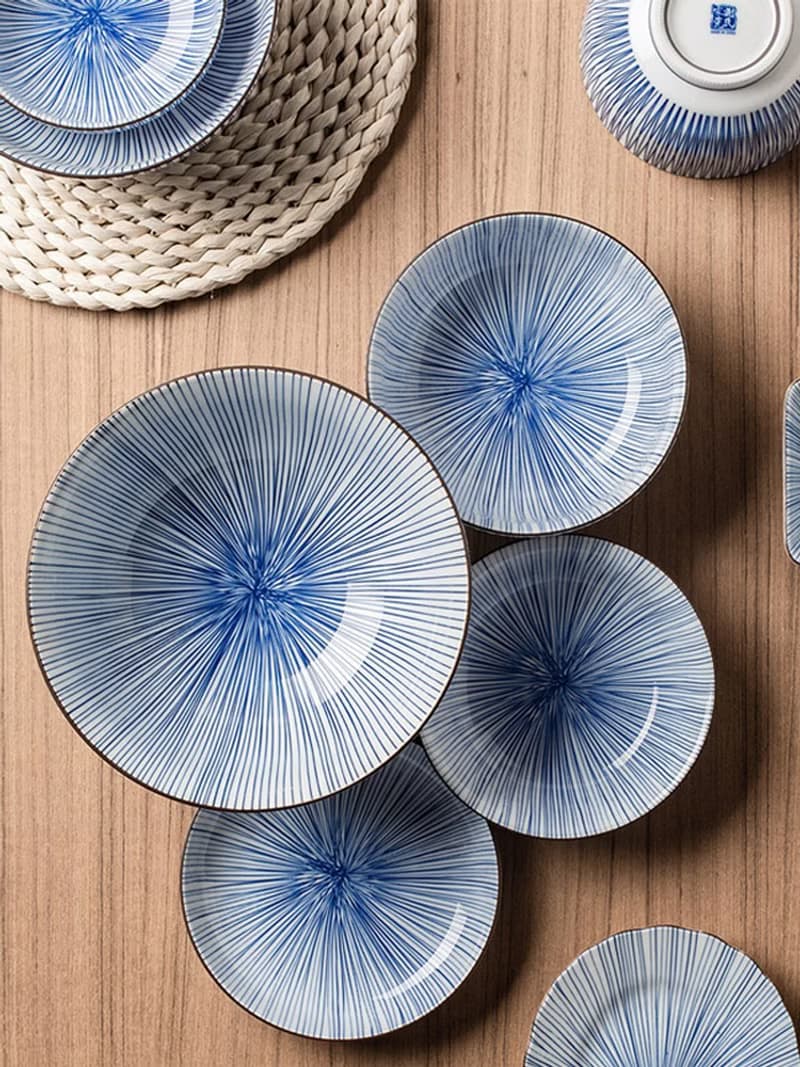 高端日式煙光細草紋餐具套裝 菜盤西餐盤沙拉碗湯碗釉下彩圓盤