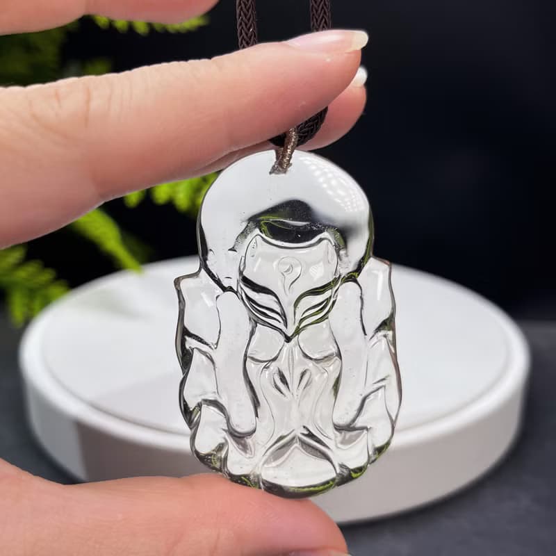 玻璃體黃水晶吊墜 立體手雕九尾狐仙 冰透檸檬黃水晶 自信平穩