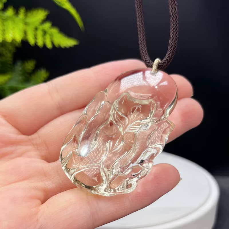 玻璃體黃水晶吊墜 立體手雕九尾狐仙 冰透檸檬黃水晶 自信平穩