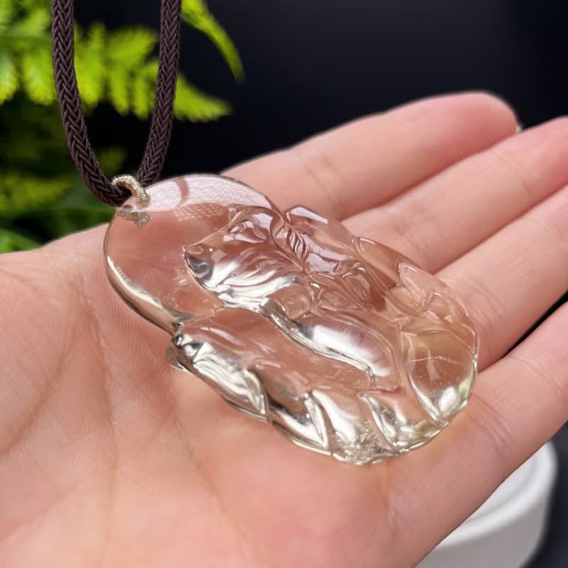 玻璃體黃水晶吊墜 立體手雕九尾狐仙 冰透檸檬黃水晶 自信平穩