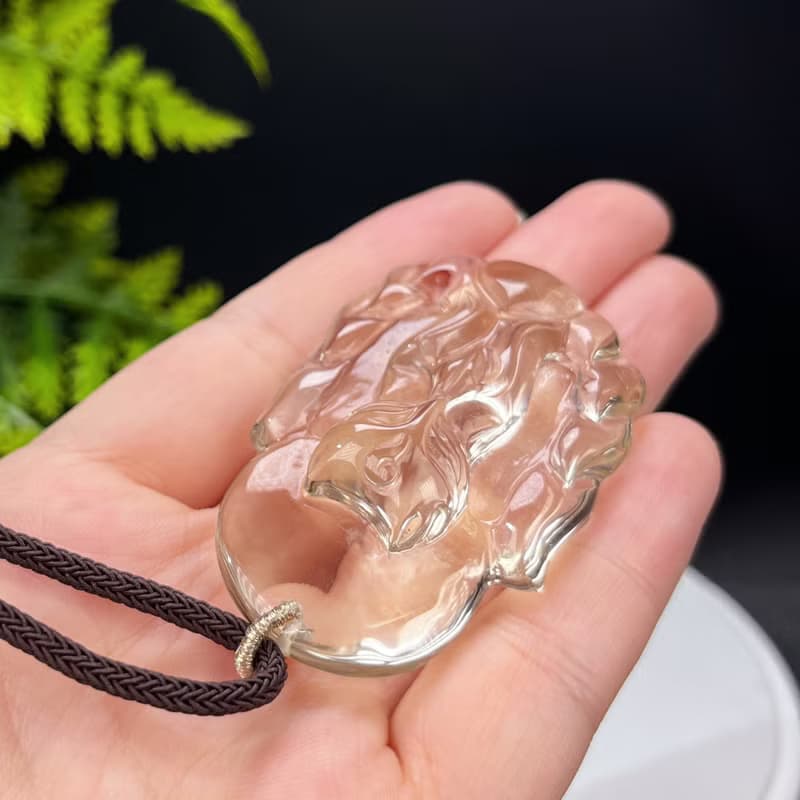 玻璃體黃水晶吊墜 立體手雕九尾狐仙 冰透檸檬黃水晶 自信平穩