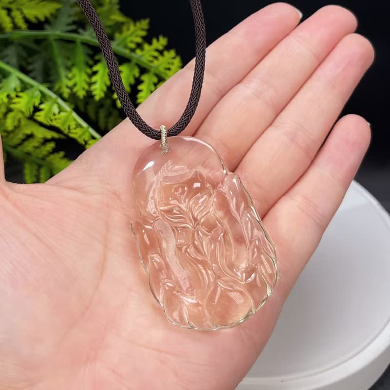 玻璃體黃水晶吊墜 立體手雕九尾狐仙 冰透檸檬黃水晶 自信平穩