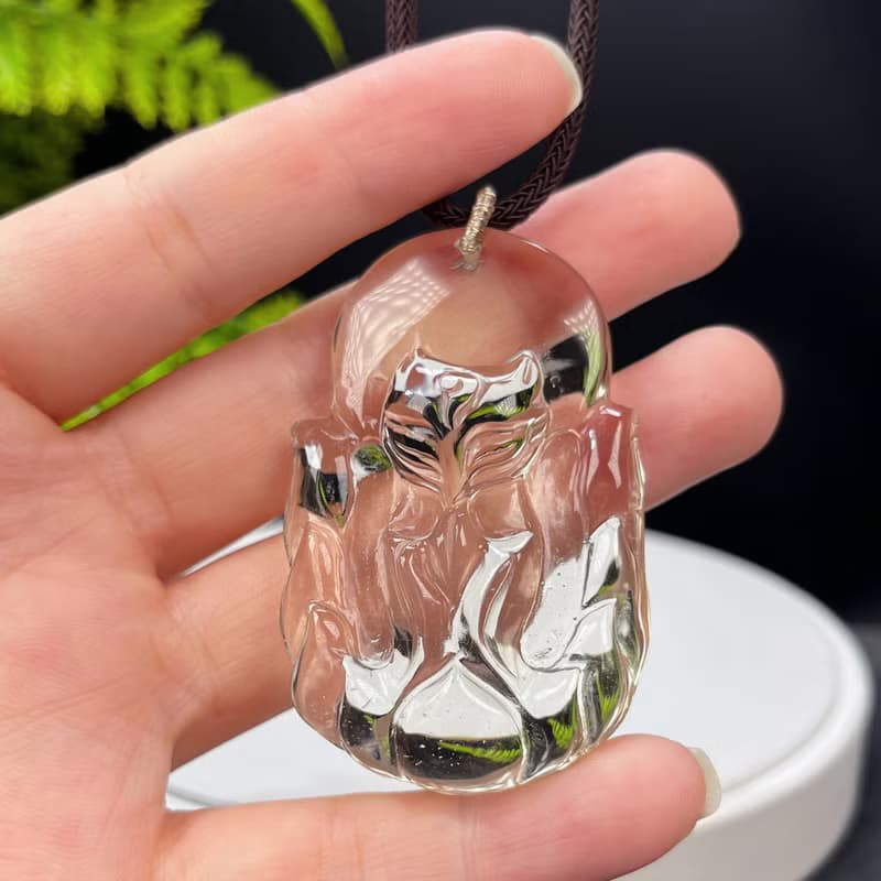 玻璃體黃水晶吊墜 立體手雕九尾狐仙 冰透檸檬黃水晶 自信平穩