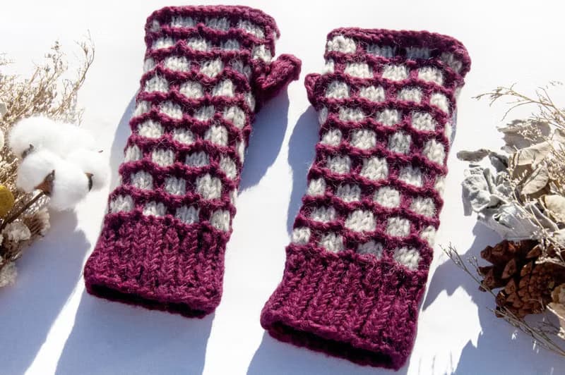 手織純羊毛針織手套/露趾手套/內刷毛手套/保暖手套-北歐白色紫紅