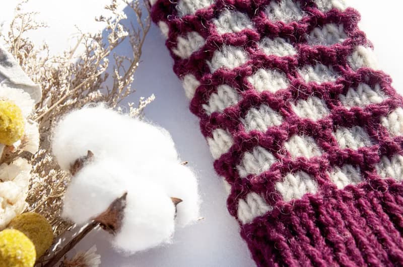 手織純羊毛針織手套/露趾手套/內刷毛手套/保暖手套-北歐白色紫紅