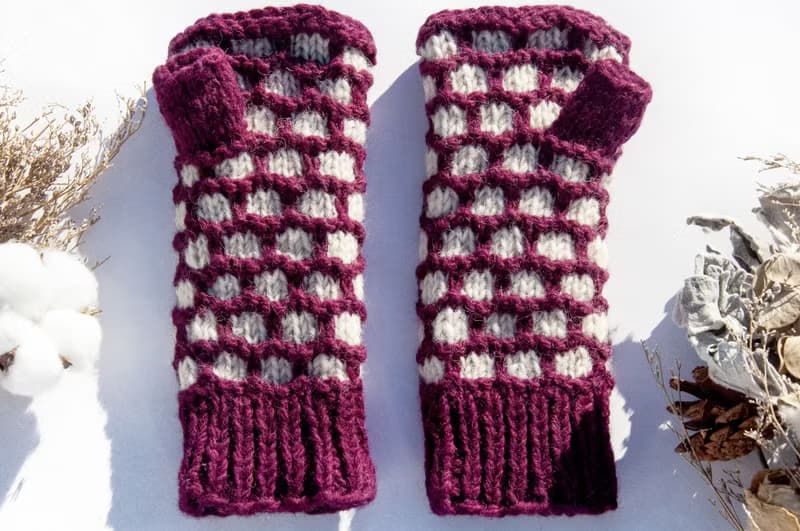 手織純羊毛針織手套/露趾手套/內刷毛手套/保暖手套-北歐白色紫紅