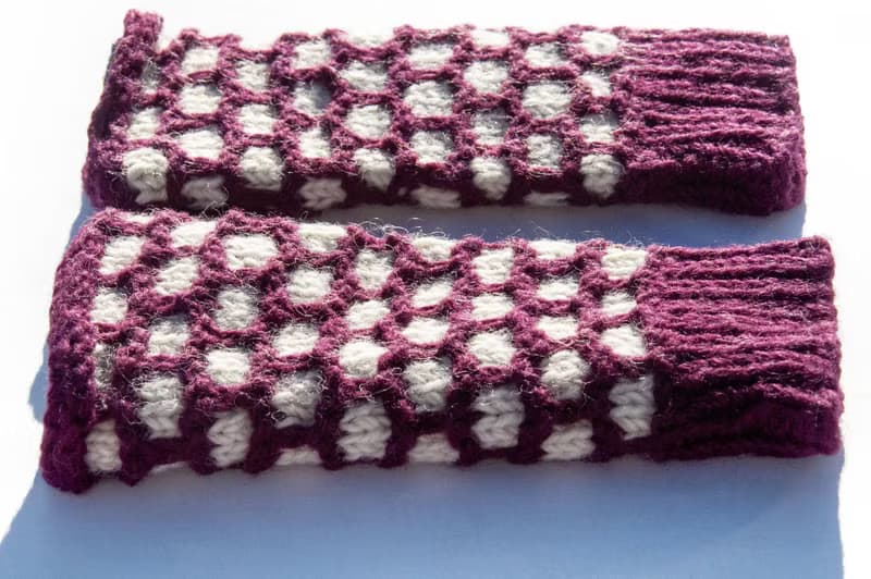 手織純羊毛針織手套/露趾手套/內刷毛手套/保暖手套-北歐白色紫紅