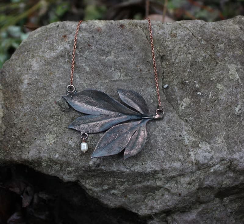 Peony Leaf Necklace with Freshwater Pearl, Delicate Botanical Jewelry Gift Idea