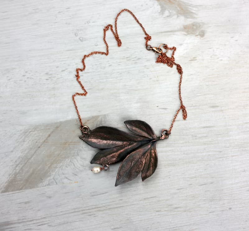 Peony Leaf Necklace with Freshwater Pearl, Delicate Botanical Jewelry Gift Idea