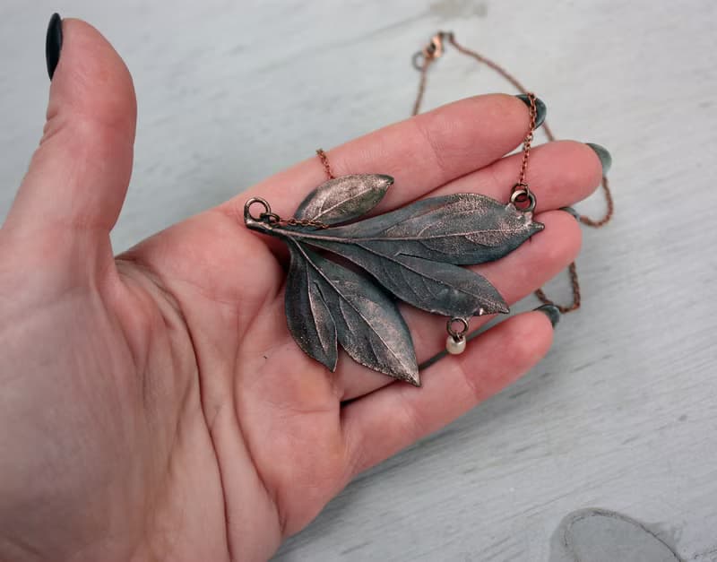 Peony Leaf Necklace with Freshwater Pearl, Delicate Botanical Jewelry Gift Idea
