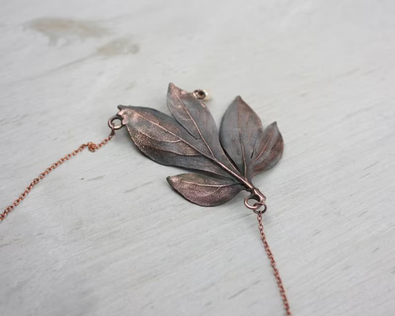 Peony Leaf Necklace with Freshwater Pearl, Delicate Botanical Jewelry Gift Idea