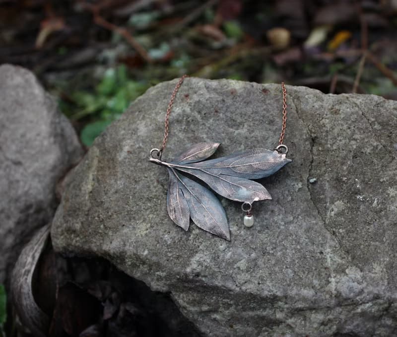 Peony Leaf Necklace with Freshwater Pearl, Delicate Botanical Jewelry Gift Idea