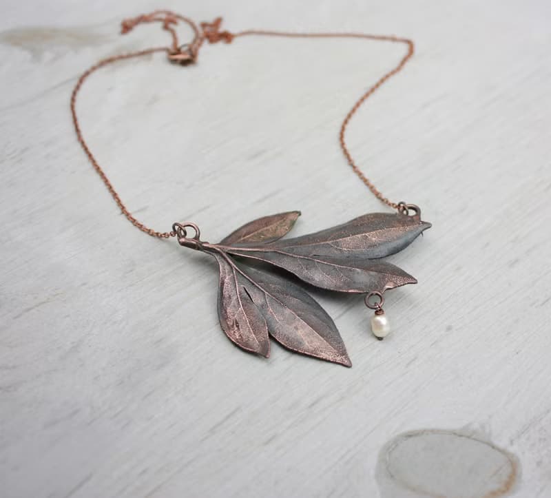 Peony Leaf Necklace with Freshwater Pearl, Delicate Botanical Jewelry Gift Idea