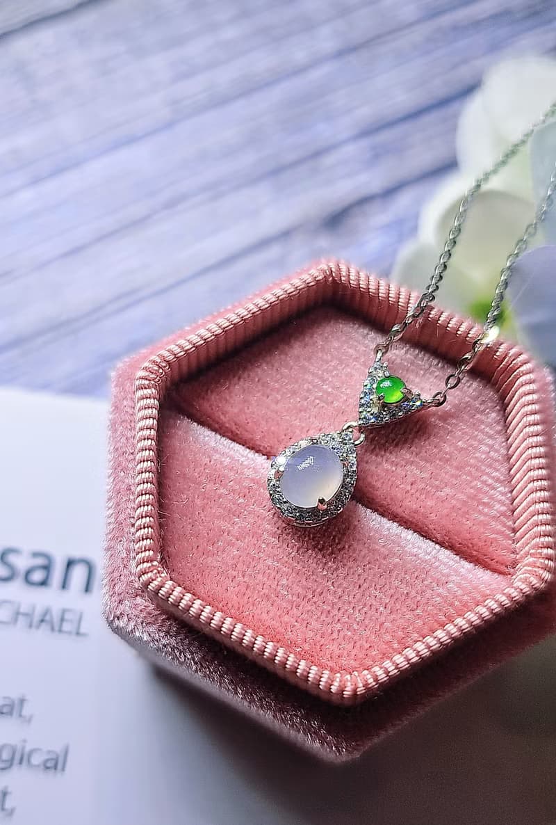 |仙氣櫻花粉|A貨翡翠高冰淡粉紫蛋6.3mm純銀鍍18k精緻水滴項鍊