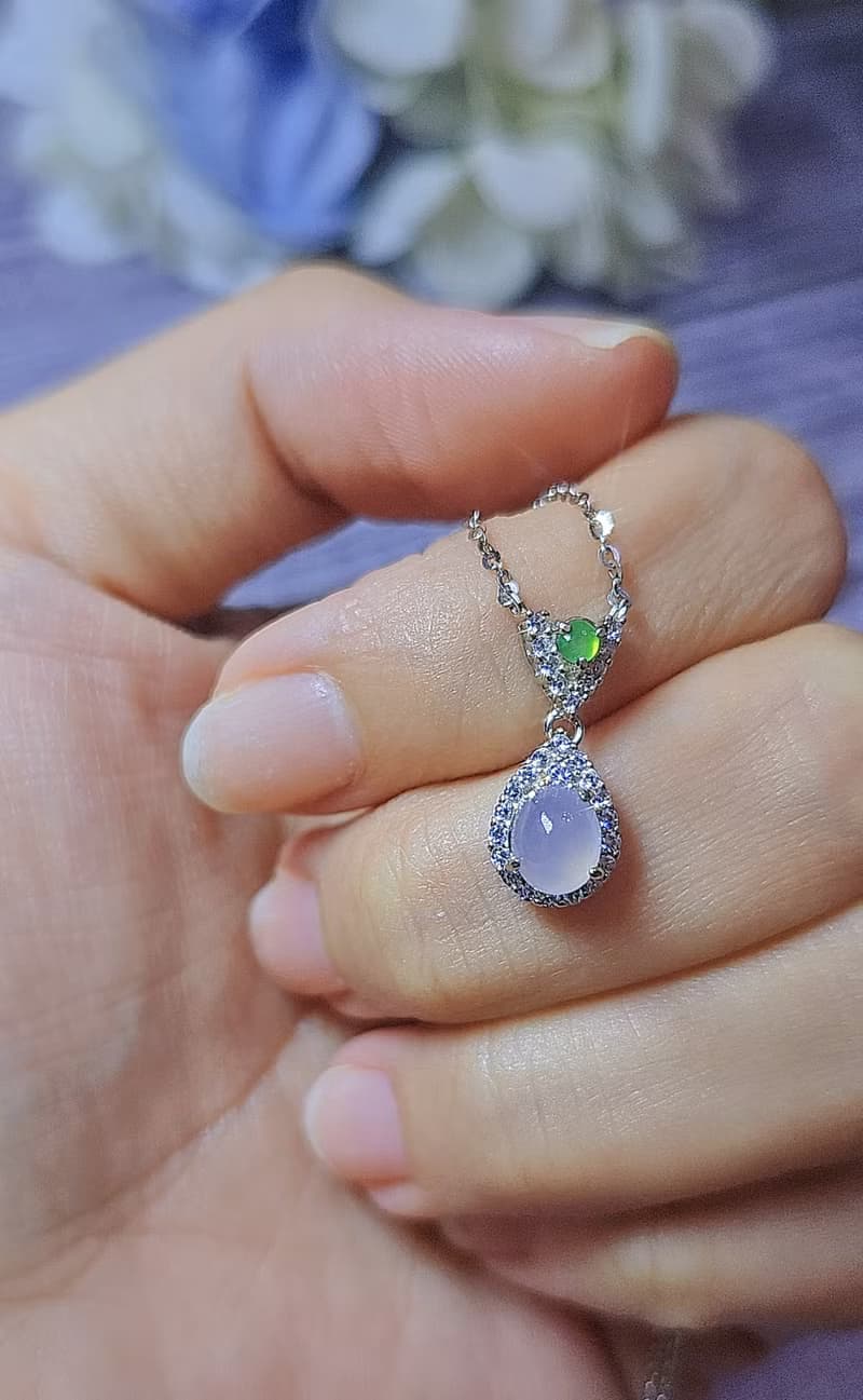 |仙氣櫻花粉|A貨翡翠高冰淡粉紫蛋6.3mm純銀鍍18k精緻水滴項鍊