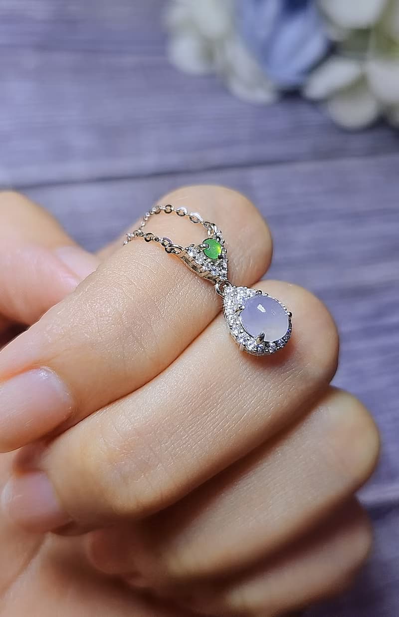 |仙氣櫻花粉|A貨翡翠高冰淡粉紫蛋6.3mm純銀鍍18k精緻水滴項鍊