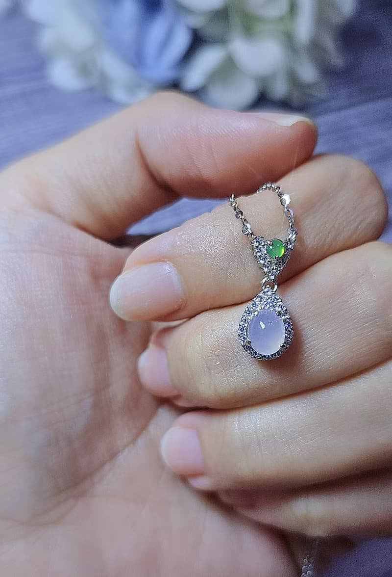 |仙氣櫻花粉|A貨翡翠高冰淡粉紫蛋6.3mm純銀鍍18k精緻水滴項鍊