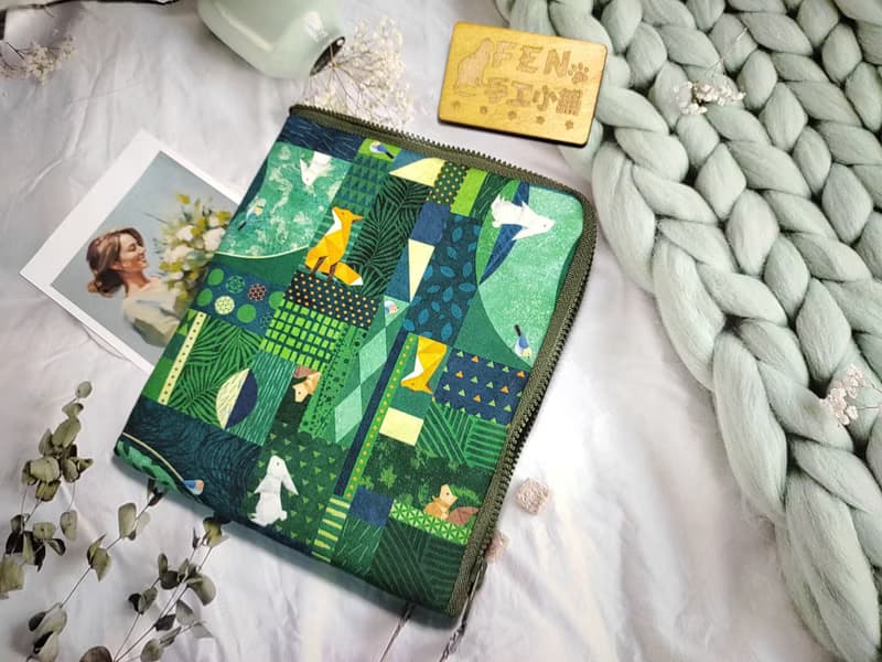 彩色噴墨系列-積木森林狐狸和兔子款防輕撥水布款L型拉鍊袋加鋪棉