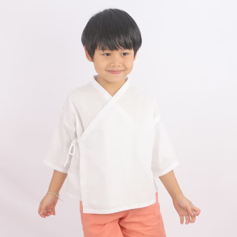 Kids Cotton Kimono Top, Wrap Top, White, Momo