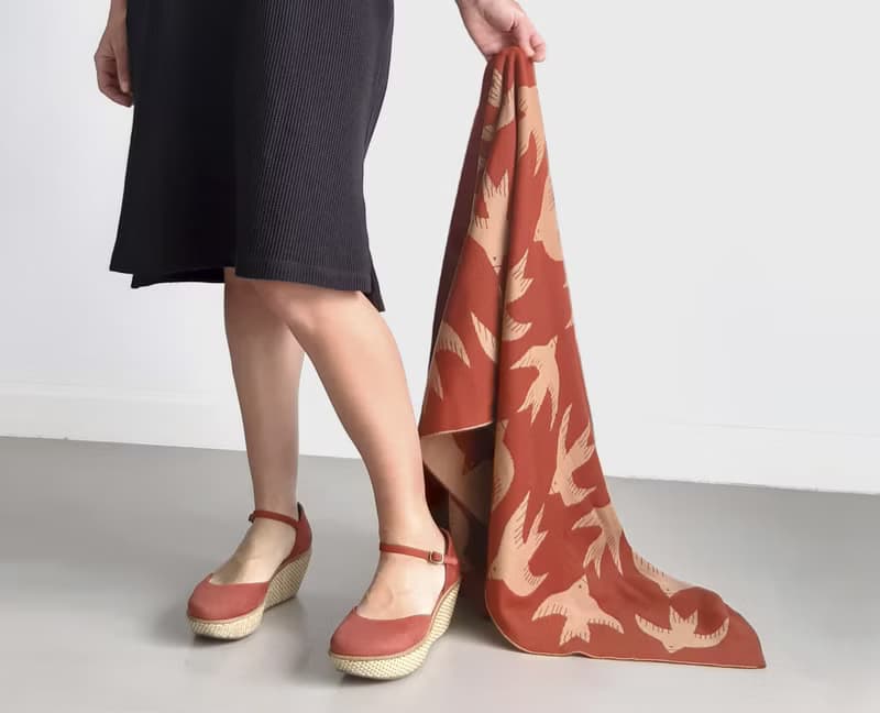 Rust women's merino wool scarf patterned with birds. Quality womens scarves