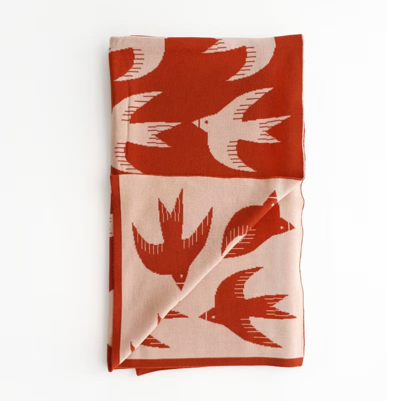 Rust women's merino wool scarf patterned with birds. Quality womens scarves