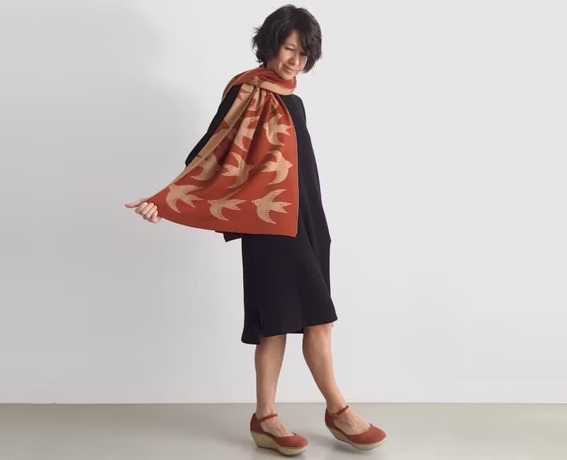 Rust women's merino wool scarf patterned with birds. Quality womens scarves