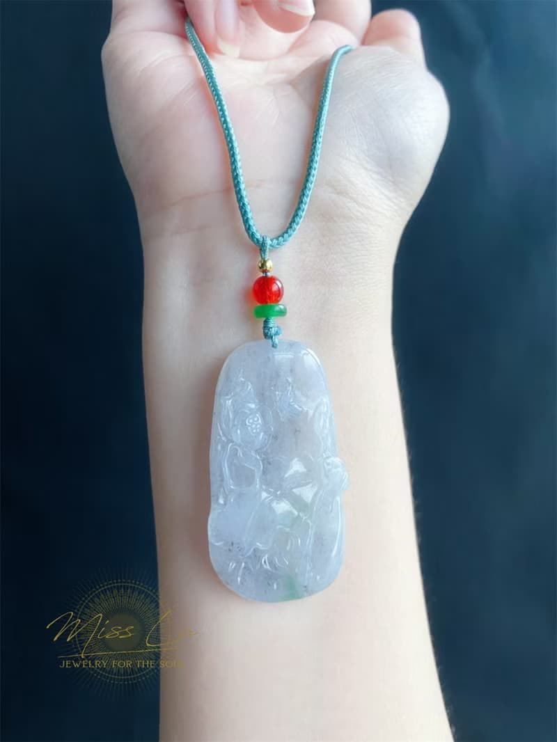 天然緬甸玉翡翠 翹色巧雕烏雞帶綠 水墨風蓮花 項鍊 禮物