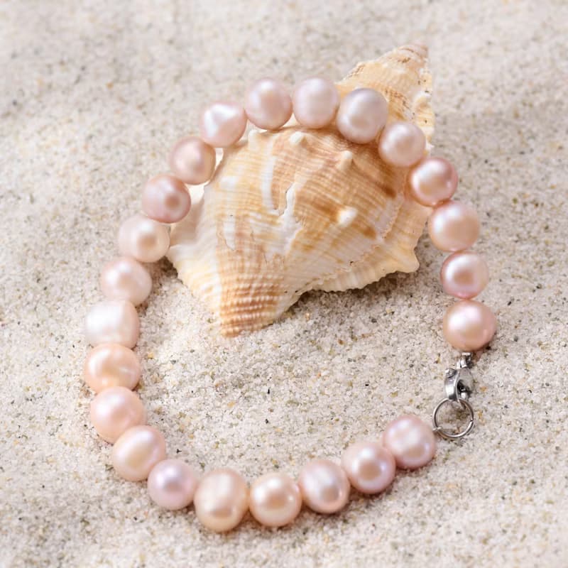 天然粉紫螺紋珍珠手鍊 10–11mm 銀色龍蝦扣 獨特設計 週年紀念