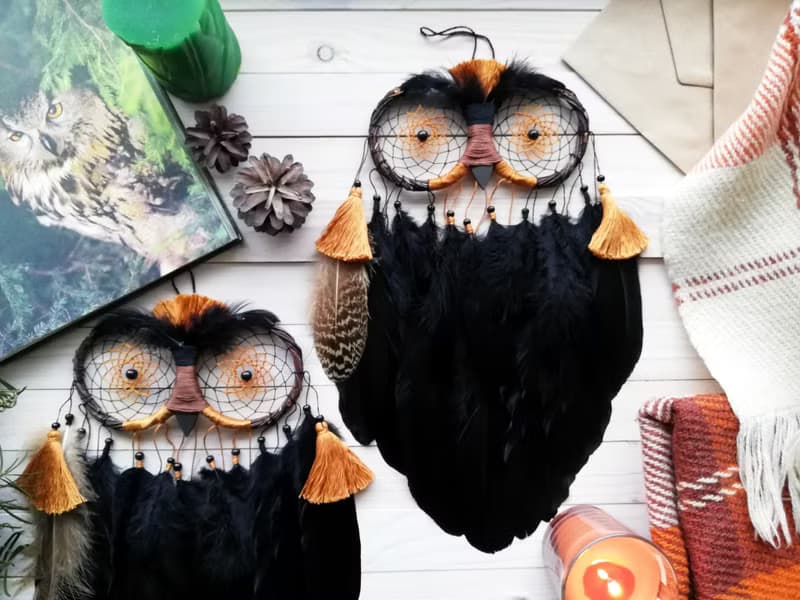 Owl dream catcher, Black dreamcatcher, Gothic wall decor, Bedroom wall hanging