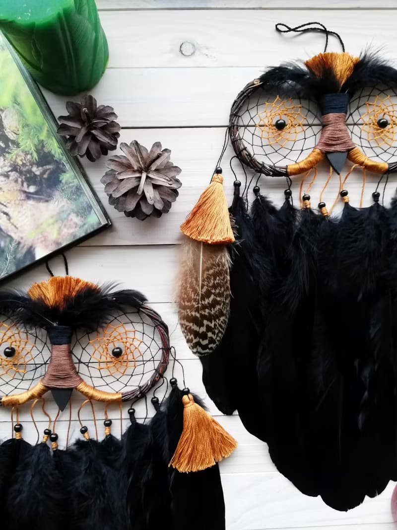 Owl dream catcher, Black dreamcatcher, Gothic wall decor, Bedroom wall hanging