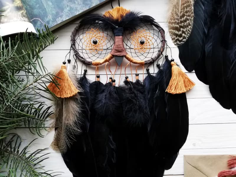 Owl dream catcher, Black dreamcatcher, Gothic wall decor, Bedroom wall hanging