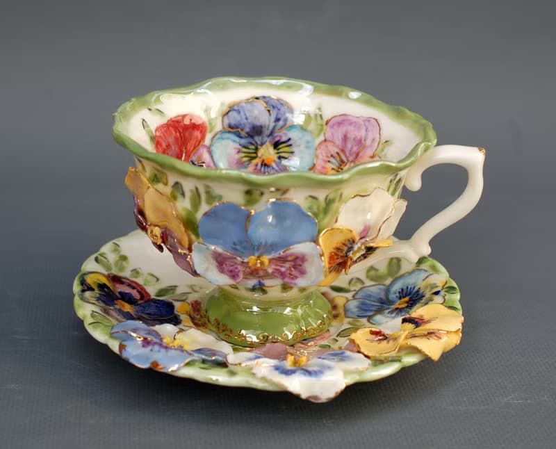 Pansies Cup and saucer Porcelain Flowers Tea Set Multicolored violets