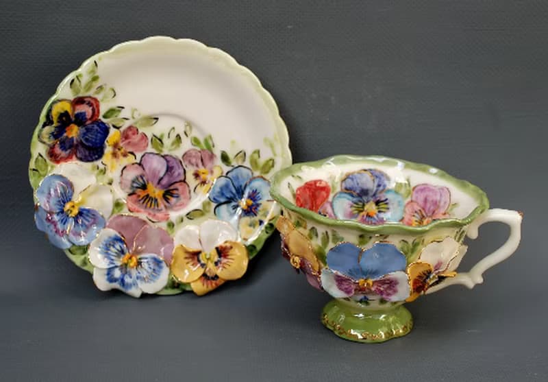 Pansies Cup and saucer Porcelain Flowers Tea Set Multicolored violets