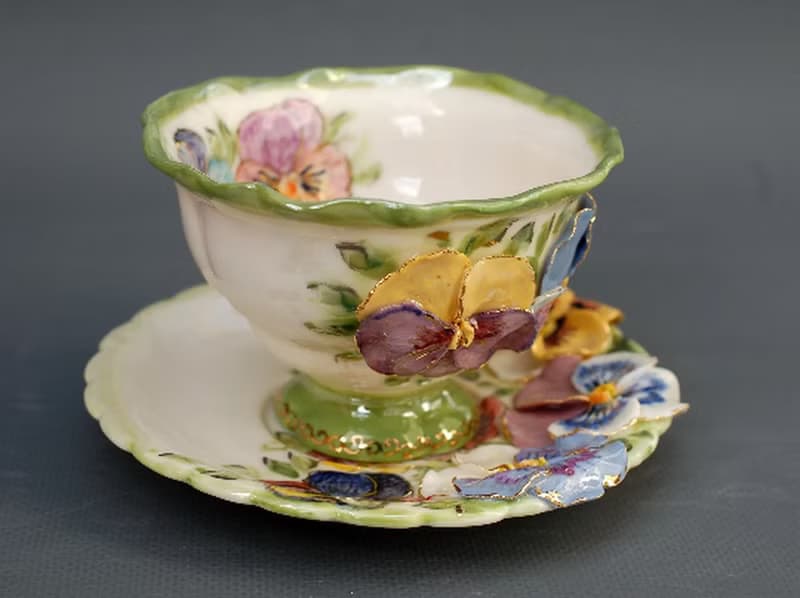 Pansies Cup and saucer Porcelain Flowers Tea Set Multicolored violets
