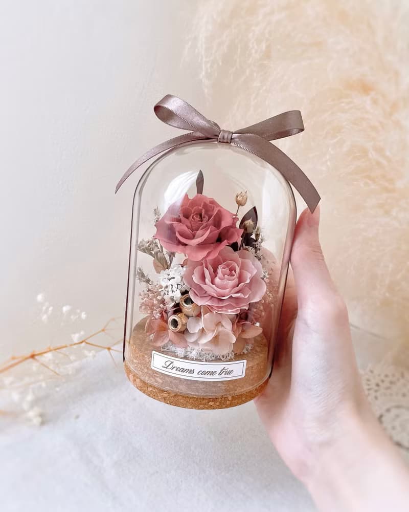 永生花玻璃盅-玫瑰暮語 l 不凋花玻璃盅 日本玫瑰 乾燥花盅