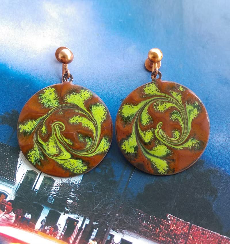 Vintage Jewelry 西洋古董飾品 Copper 手工 旋轉綠 栓式耳環