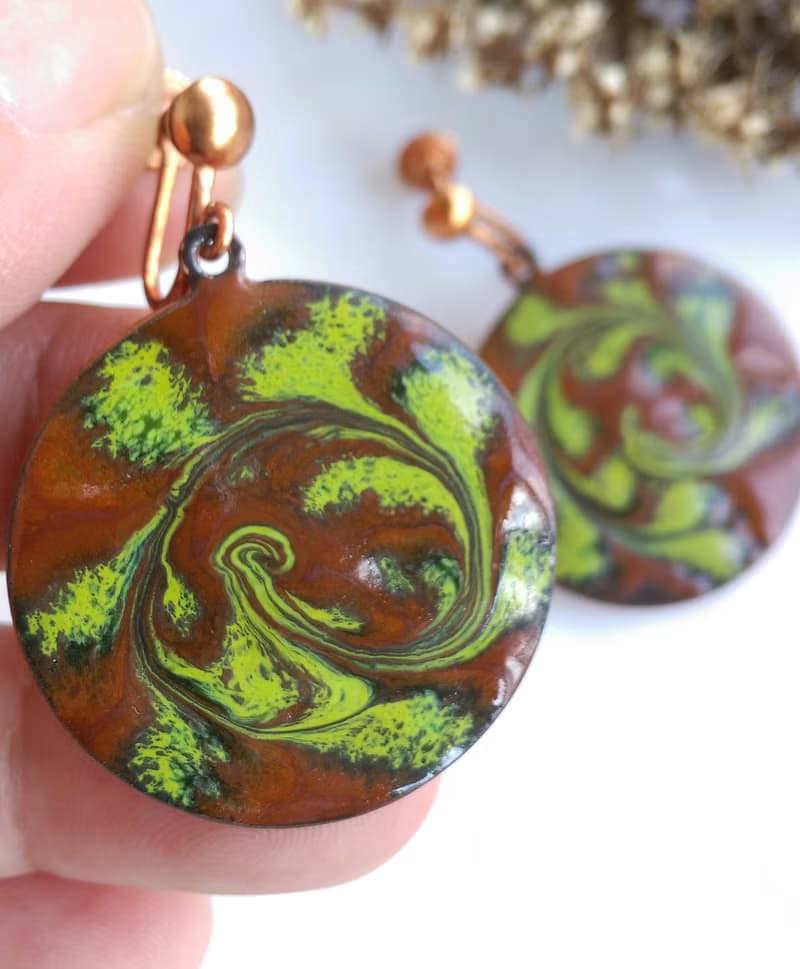 Vintage Jewelry 西洋古董飾品 Copper 手工 旋轉綠 栓式耳環