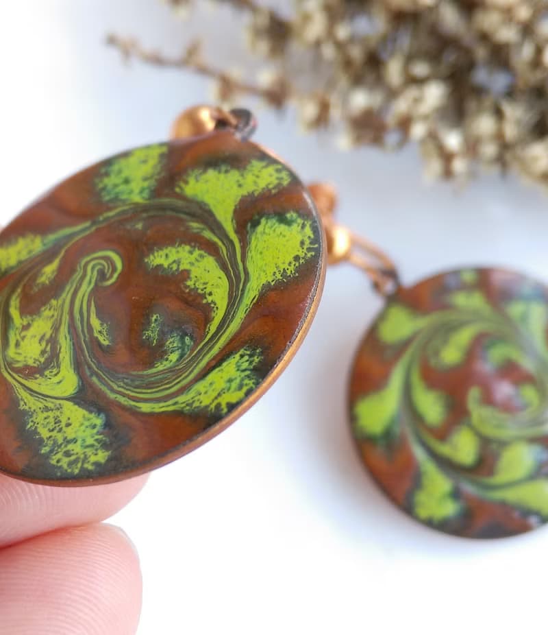 Vintage Jewelry 西洋古董飾品 Copper 手工 旋轉綠 栓式耳環
