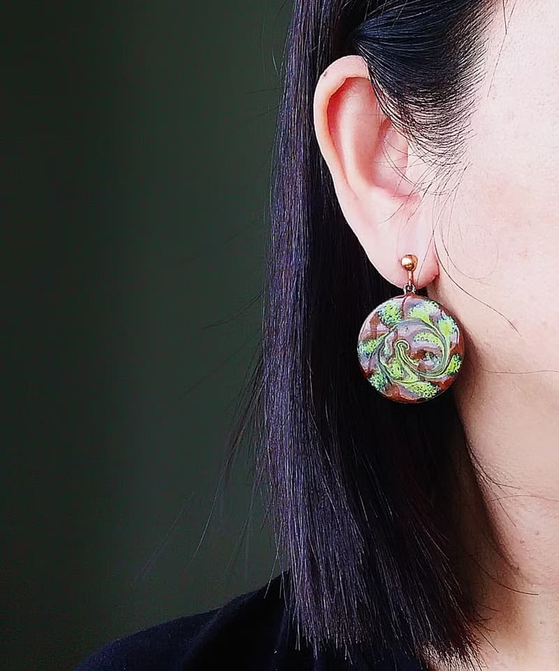Vintage Jewelry 西洋古董飾品 Copper 手工 旋轉綠 栓式耳環