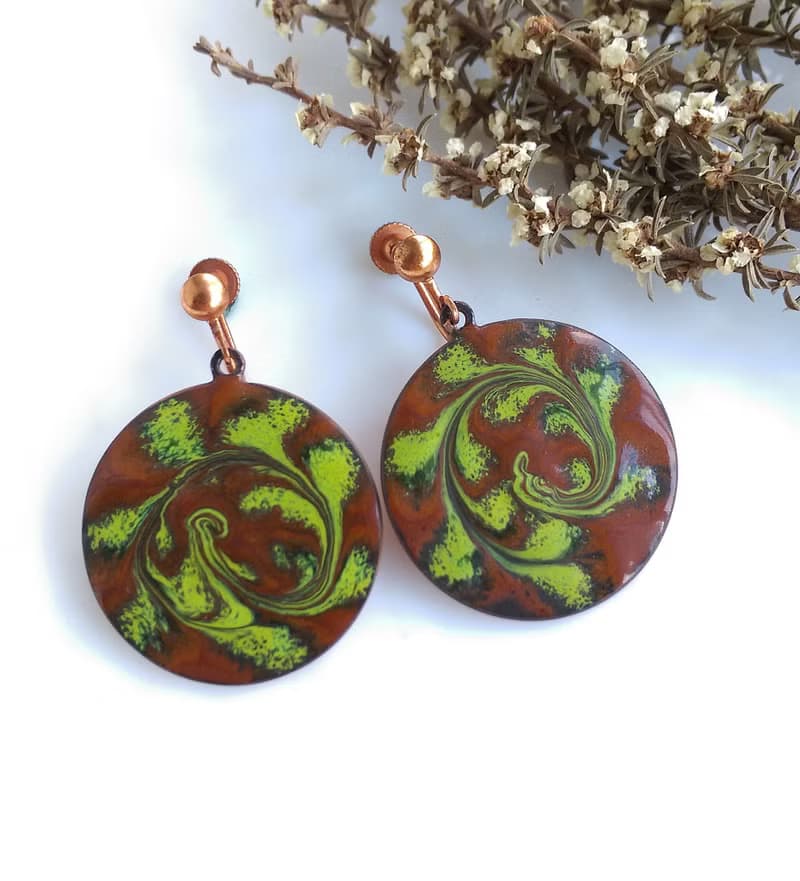 Vintage Jewelry 西洋古董飾品 Copper 手工 旋轉綠 栓式耳環
