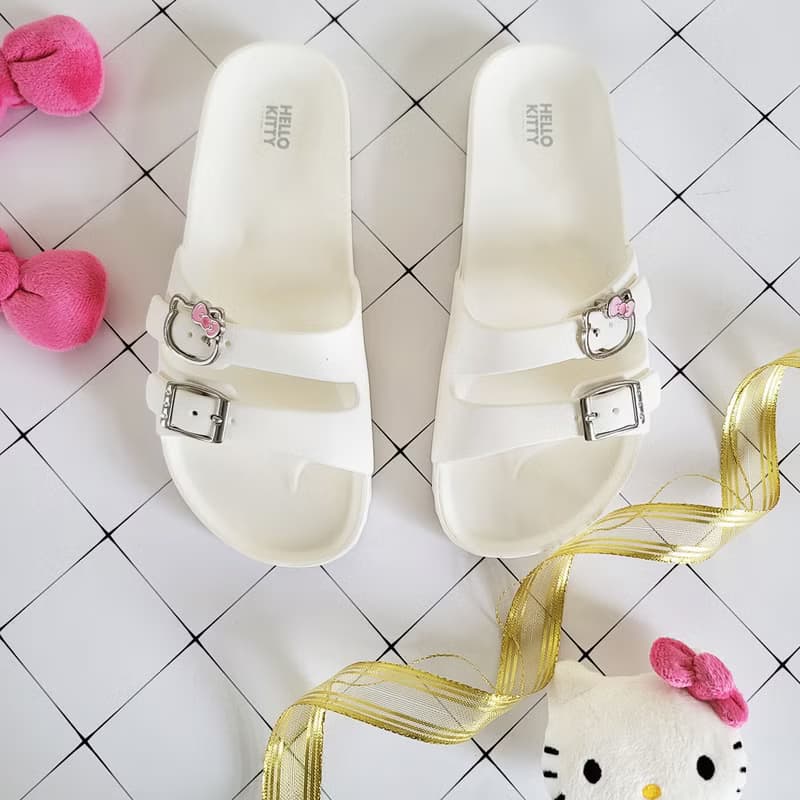 Hello Kitty大頭金屬釦 輕量防水兩版拖鞋-白色/黑色女鞋
