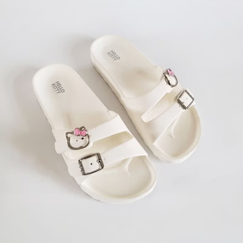 Hello Kitty大頭金屬釦 輕量防水兩版拖鞋-白色/黑色女鞋