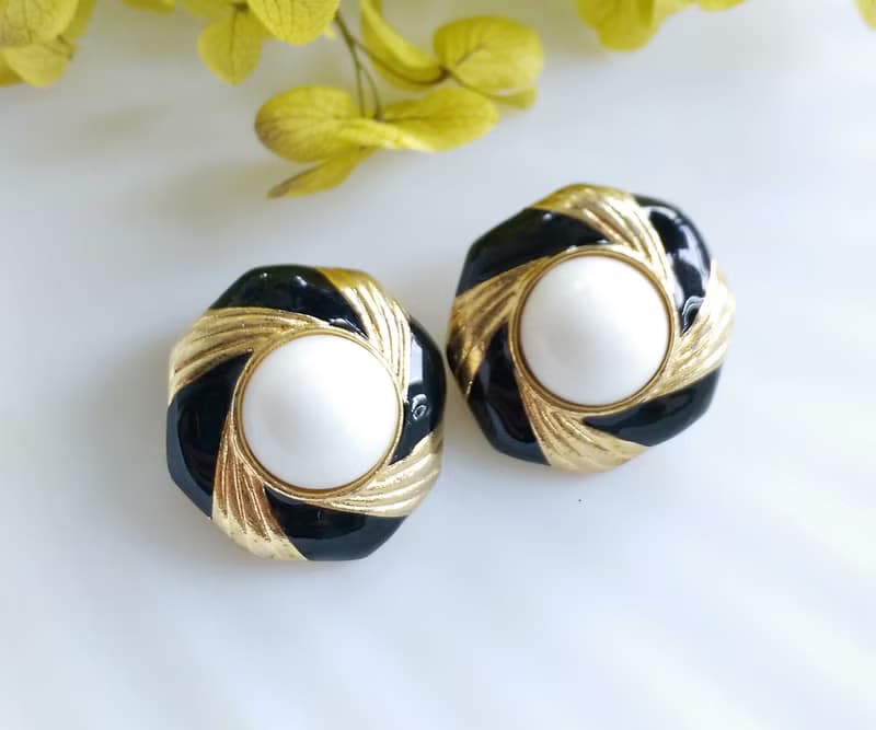 Vintage Jewelry 西洋古董飾品 典雅 雙色白珠 夾式耳環