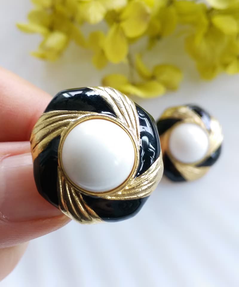 Vintage Jewelry 西洋古董飾品 典雅 雙色白珠 夾式耳環