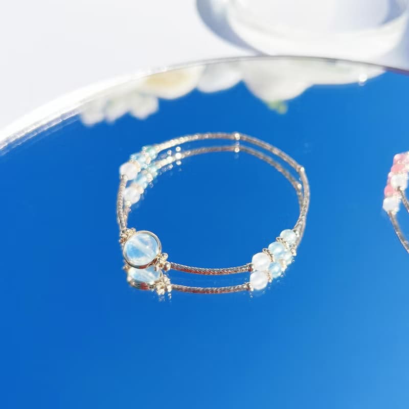 海藍寶 月光石 藍瑋灰 14K包金 天然水晶手鍊