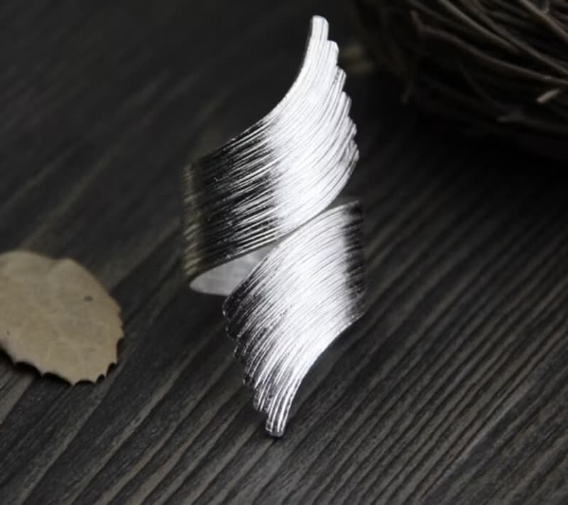Real S999 Fine Silver Women Exaggerated Wings Design Open Rings Handmade Brushed